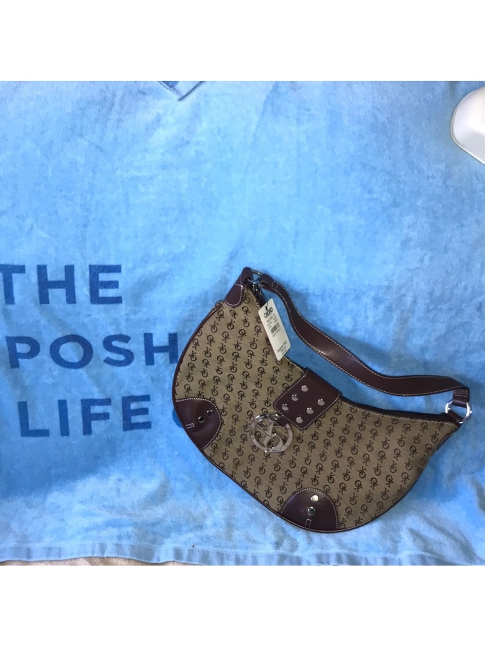 XOXO Brown Monogram Crescent Shoulder Bag silver hardware New